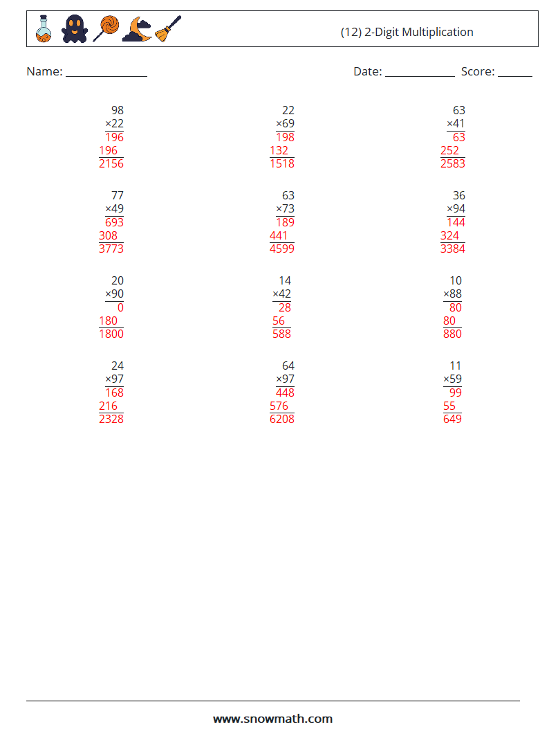 (12) 2-Digit Multiplication Maths Worksheets 6 Question, Answer