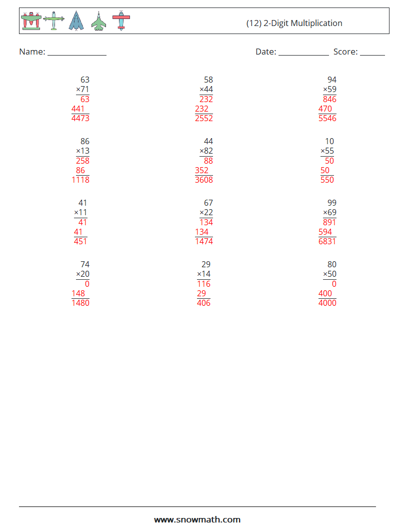 (12) 2-Digit Multiplication Maths Worksheets 7 Question, Answer