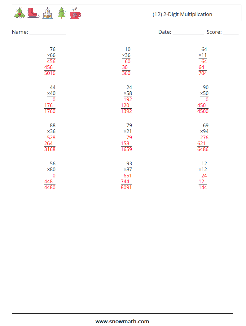 (12) 2-Digit Multiplication Maths Worksheets 8 Question, Answer