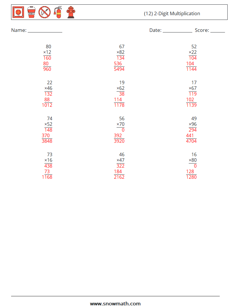 (12) 2-Digit Multiplication Maths Worksheets 9 Question, Answer