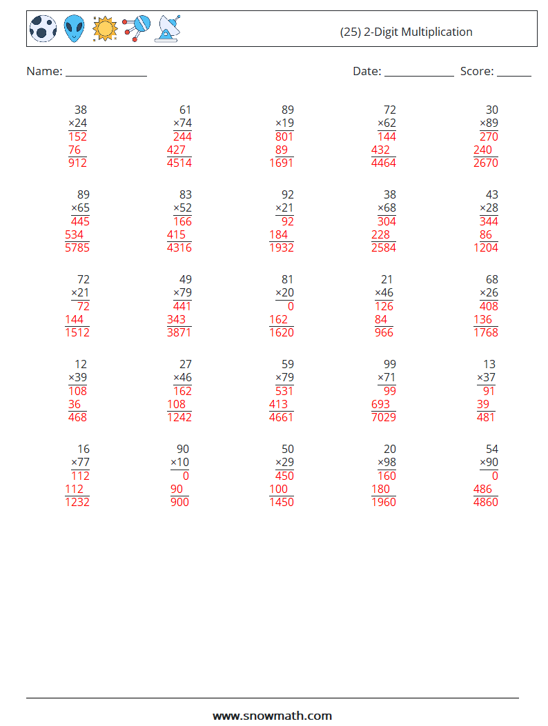 (25) 2-Digit Multiplication Maths Worksheets 10 Question, Answer