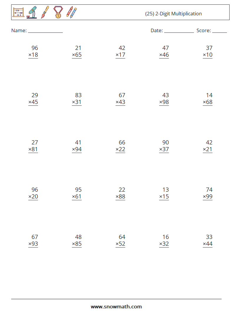 (25) 2-Digit Multiplication Maths Worksheets 12
