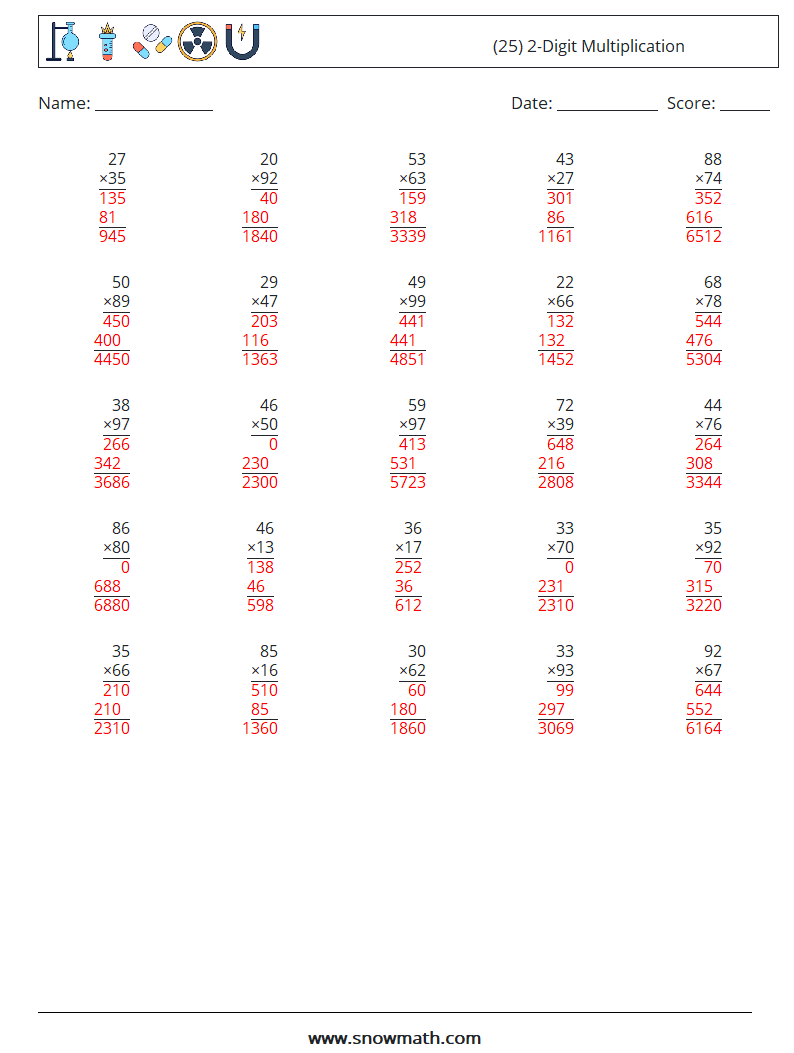 (25) 2-Digit Multiplication Maths Worksheets 13 Question, Answer