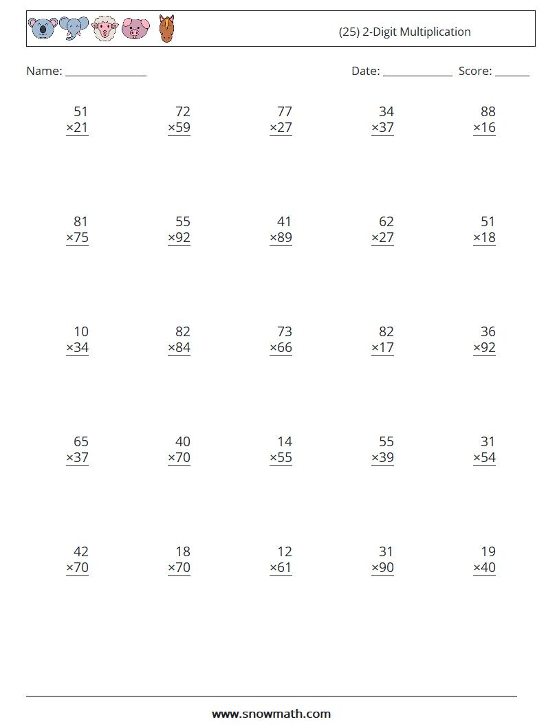 (25) 2-Digit Multiplication Maths Worksheets 15