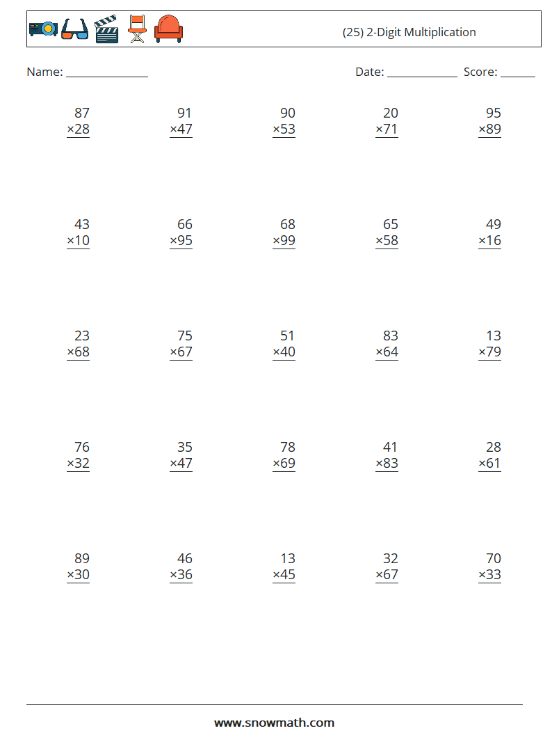 (25) 2-Digit Multiplication Maths Worksheets 16