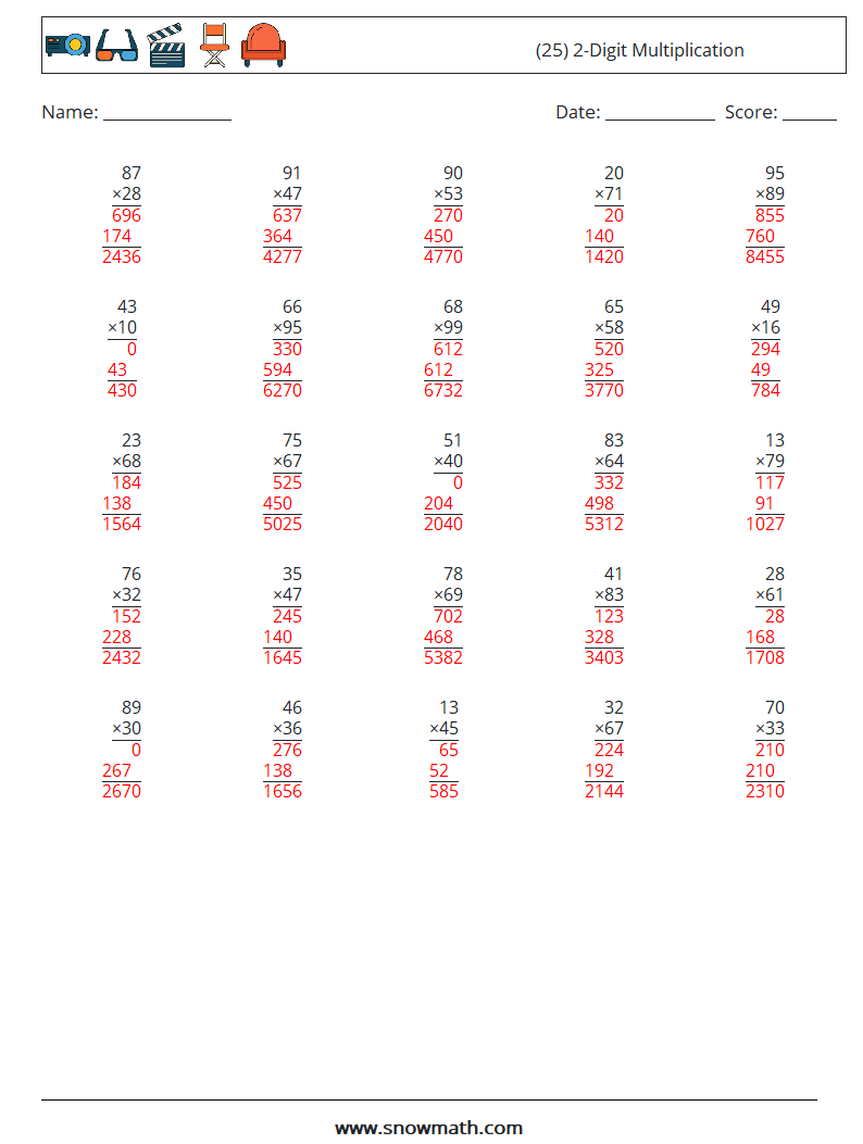 (25) 2-Digit Multiplication Maths Worksheets 16 Question, Answer