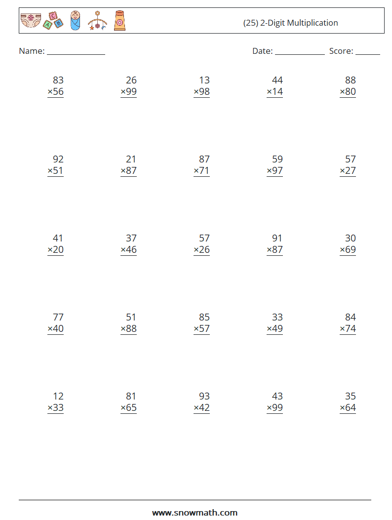 (25) 2-Digit Multiplication Maths Worksheets 17