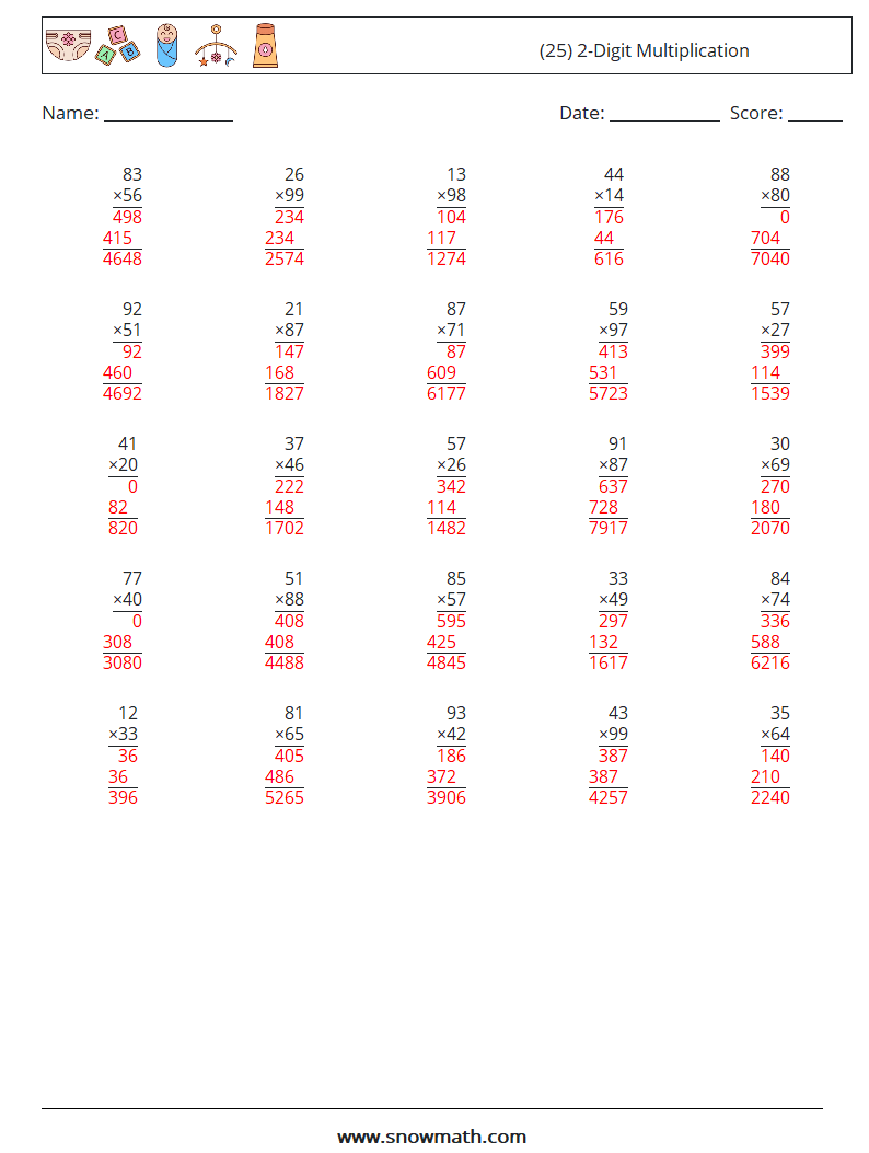 (25) 2-Digit Multiplication Maths Worksheets 17 Question, Answer