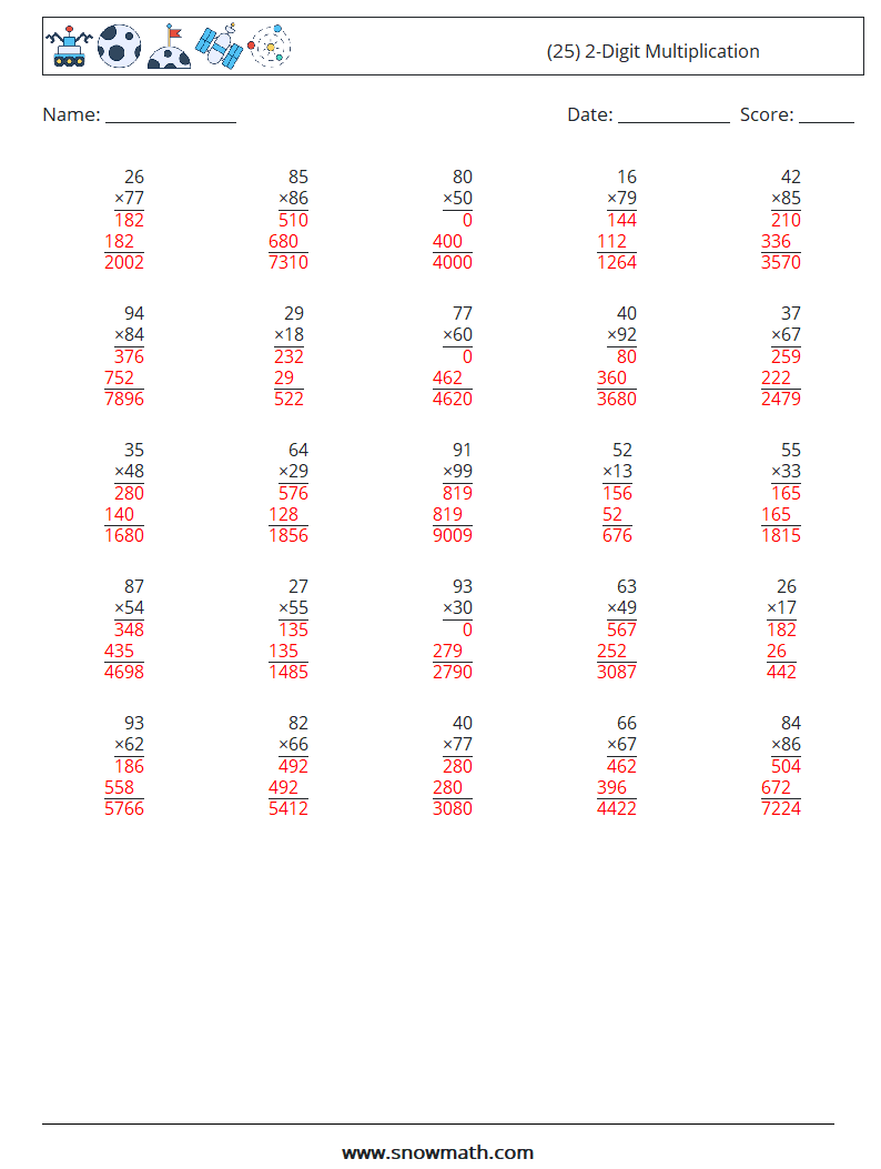 (25) 2-Digit Multiplication Maths Worksheets 1 Question, Answer