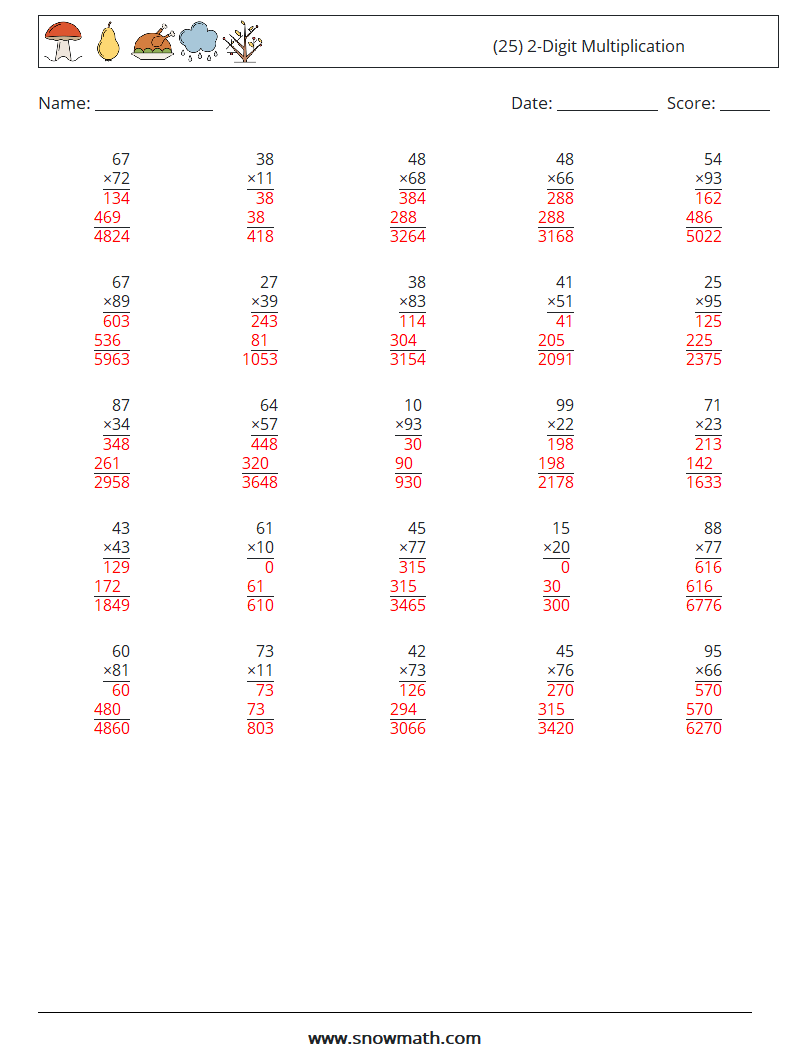 (25) 2-Digit Multiplication Maths Worksheets 2 Question, Answer