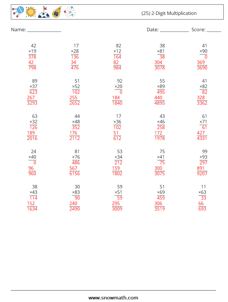 (25) 2-Digit Multiplication Maths Worksheets 3 Question, Answer