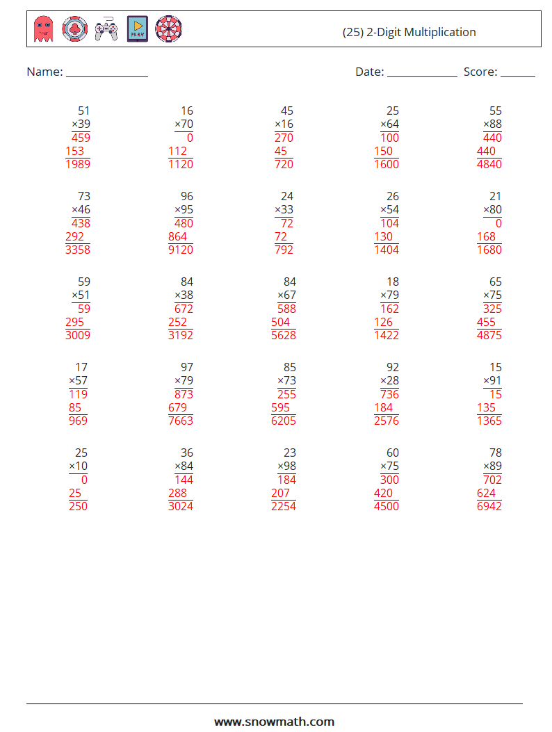 (25) 2-Digit Multiplication Maths Worksheets 4 Question, Answer