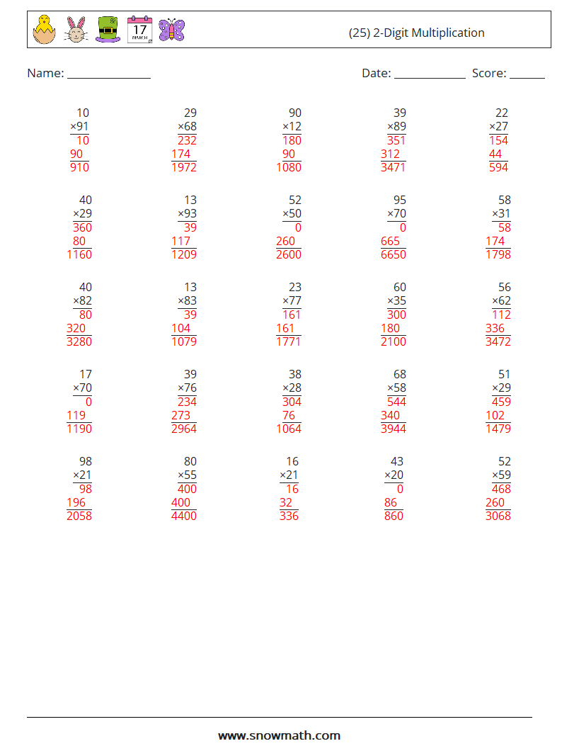 (25) 2-Digit Multiplication Maths Worksheets 5 Question, Answer