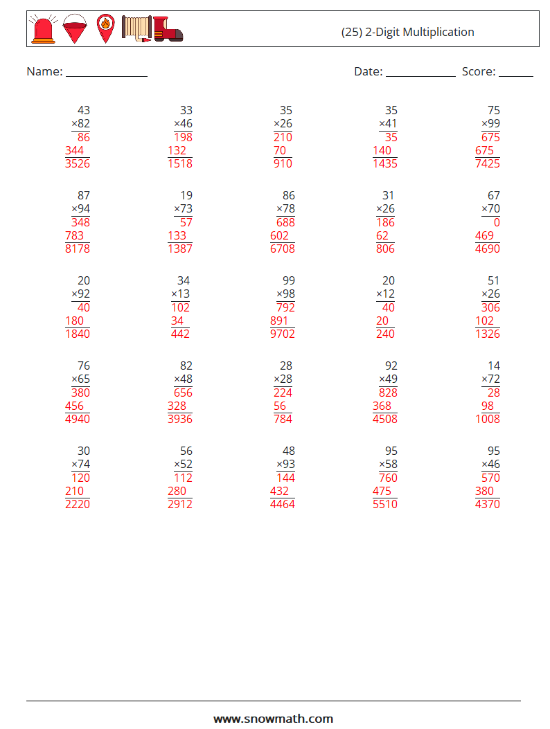 (25) 2-Digit Multiplication Maths Worksheets 6 Question, Answer