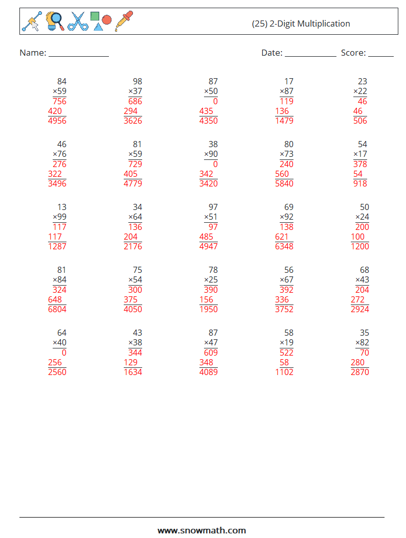 (25) 2-Digit Multiplication Maths Worksheets 7 Question, Answer