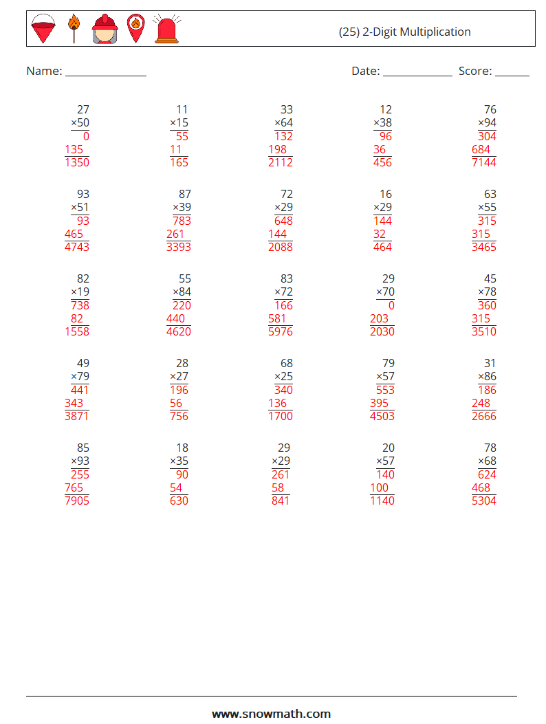 (25) 2-Digit Multiplication Maths Worksheets 8 Question, Answer