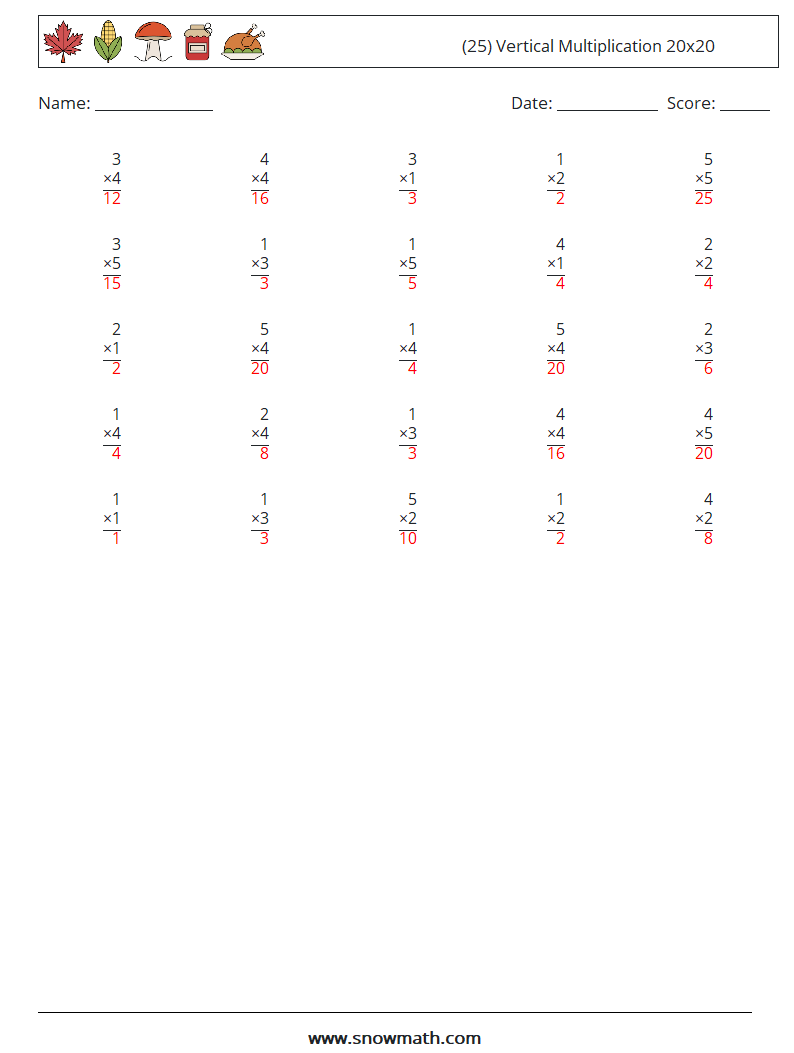 (25) Vertical Multiplication 20x20 Maths Worksheets 13 Question, Answer