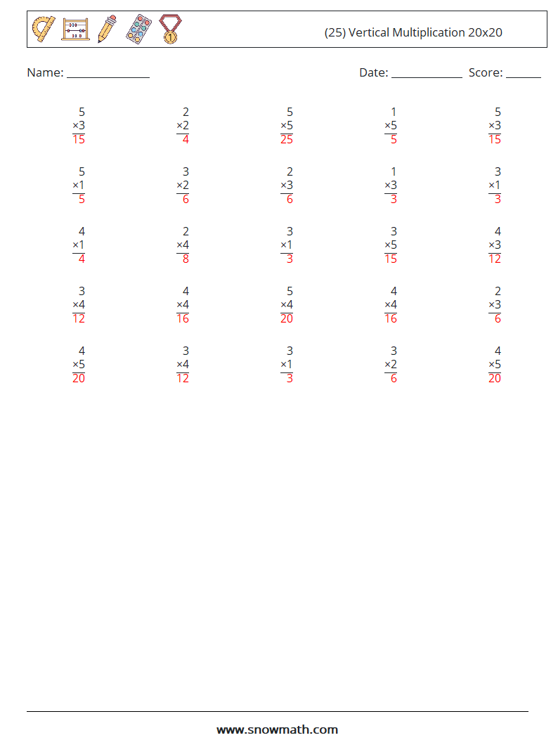 (25) Vertical Multiplication 20x20 Maths Worksheets 14 Question, Answer