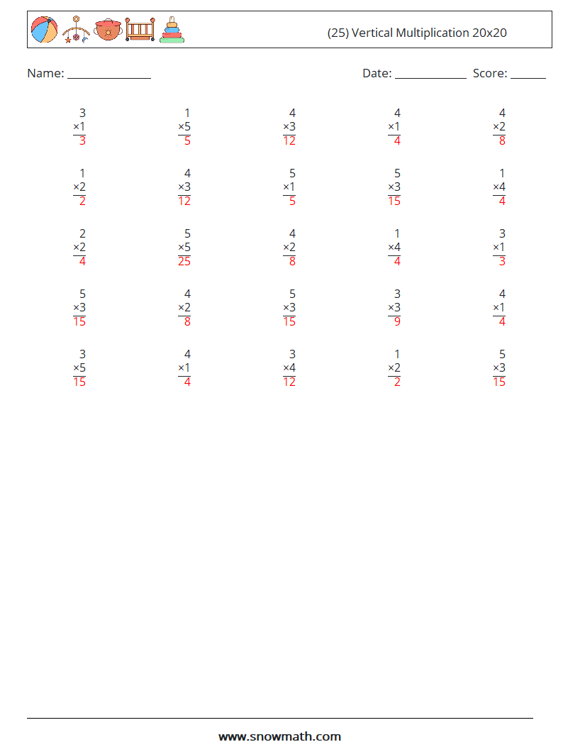 (25) Vertical Multiplication 20x20 Maths Worksheets 15 Question, Answer