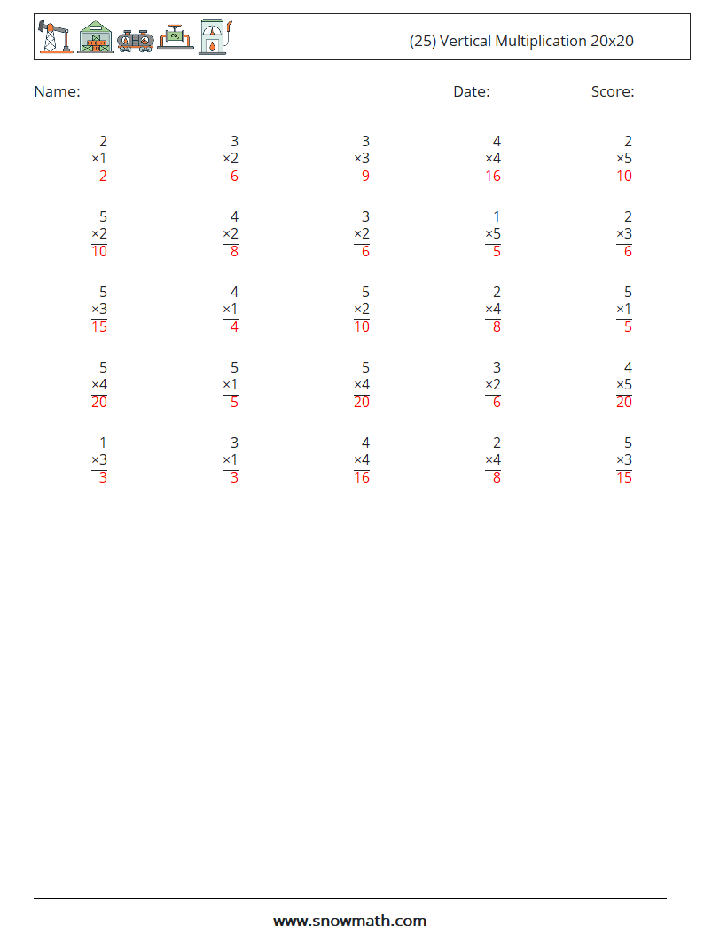 (25) Vertical Multiplication 20x20 Maths Worksheets 17 Question, Answer