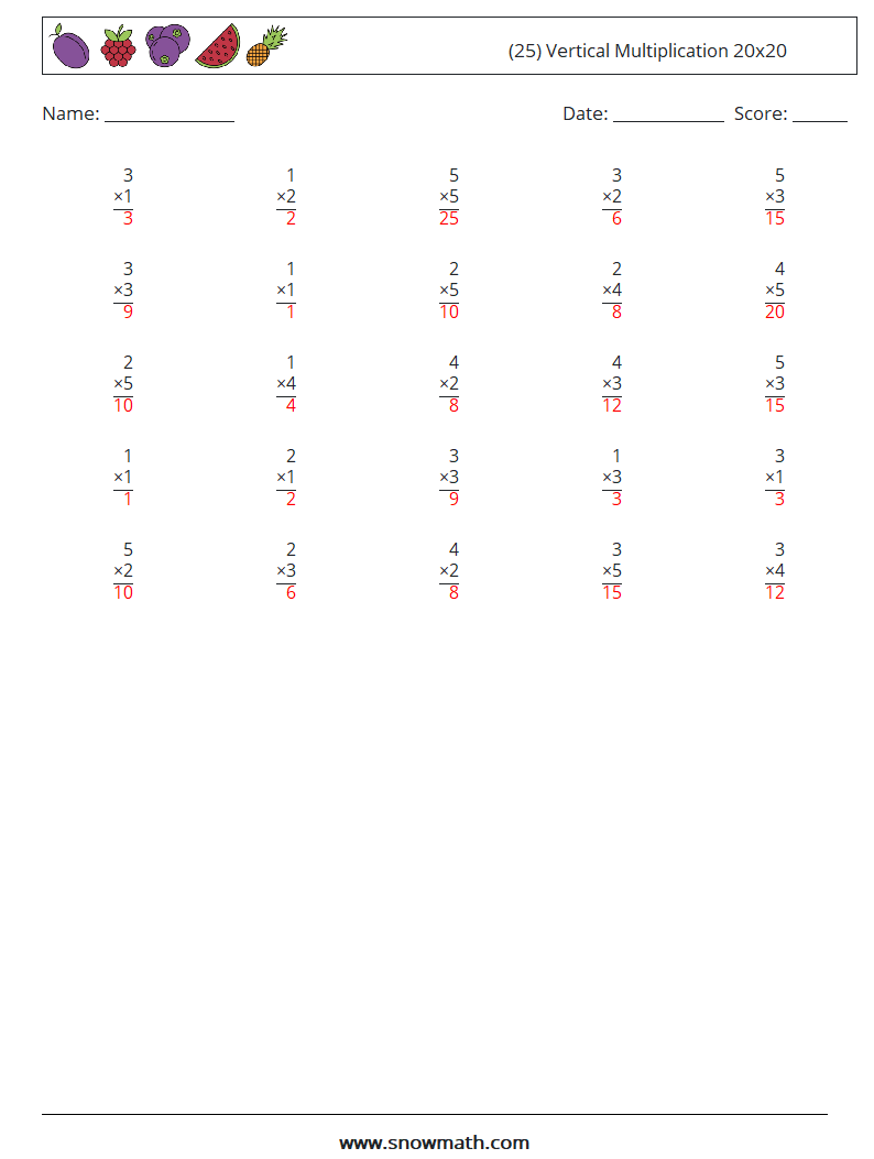 (25) Vertical Multiplication 20x20 Maths Worksheets 18 Question, Answer