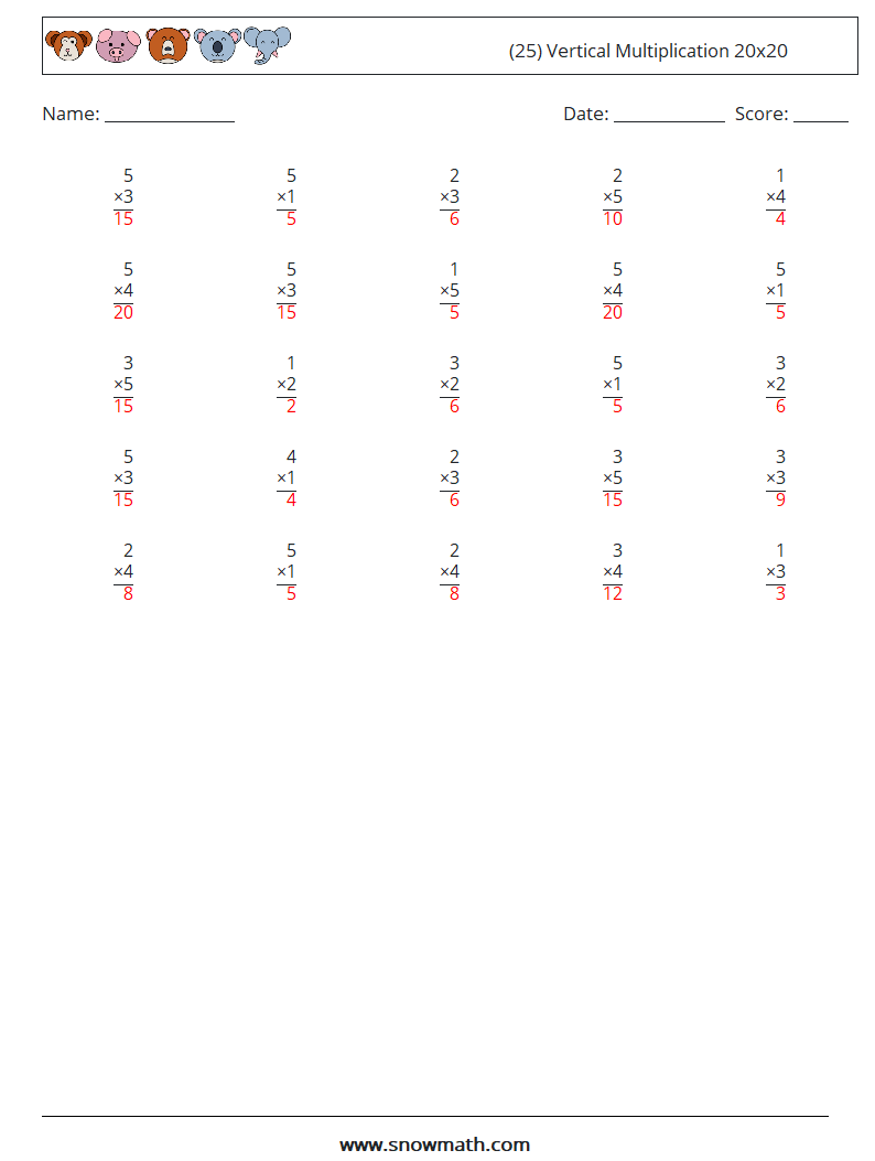 (25) Vertical Multiplication 20x20 Maths Worksheets 2 Question, Answer