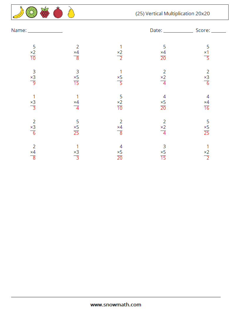 (25) Vertical Multiplication 20x20 Maths Worksheets 3 Question, Answer