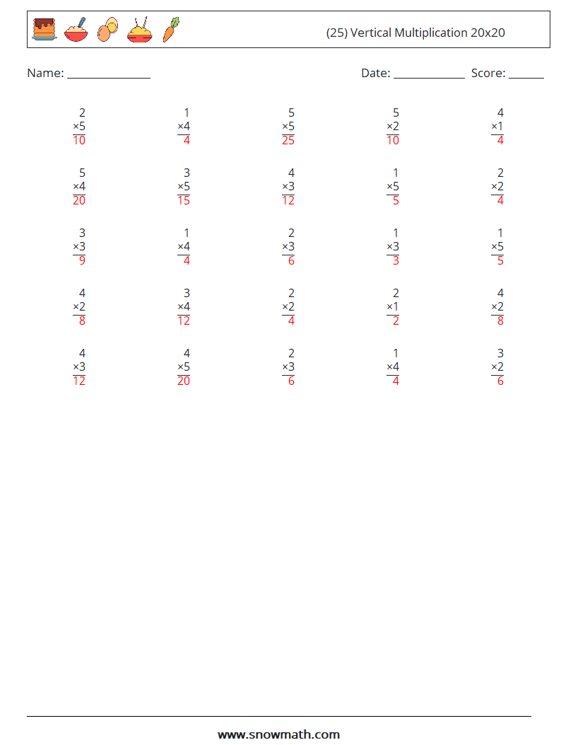 (25) Vertical Multiplication 20x20 Maths Worksheets 4 Question, Answer