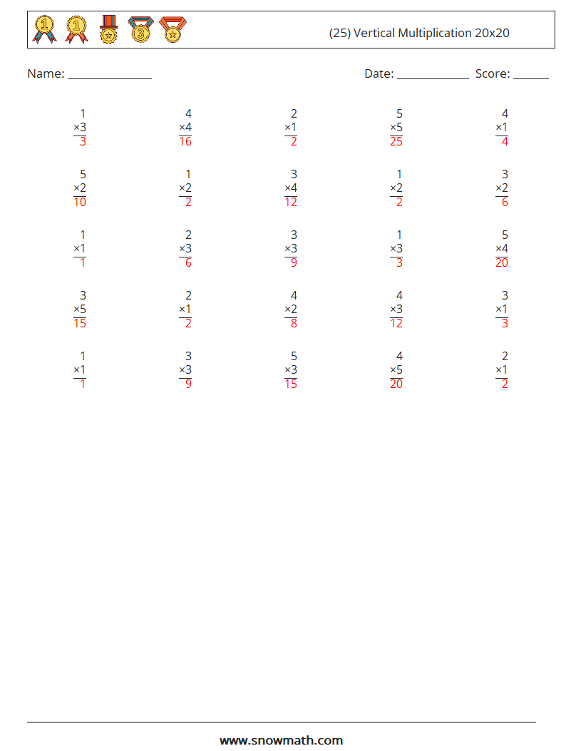 (25) Vertical Multiplication 20x20 Maths Worksheets 5 Question, Answer