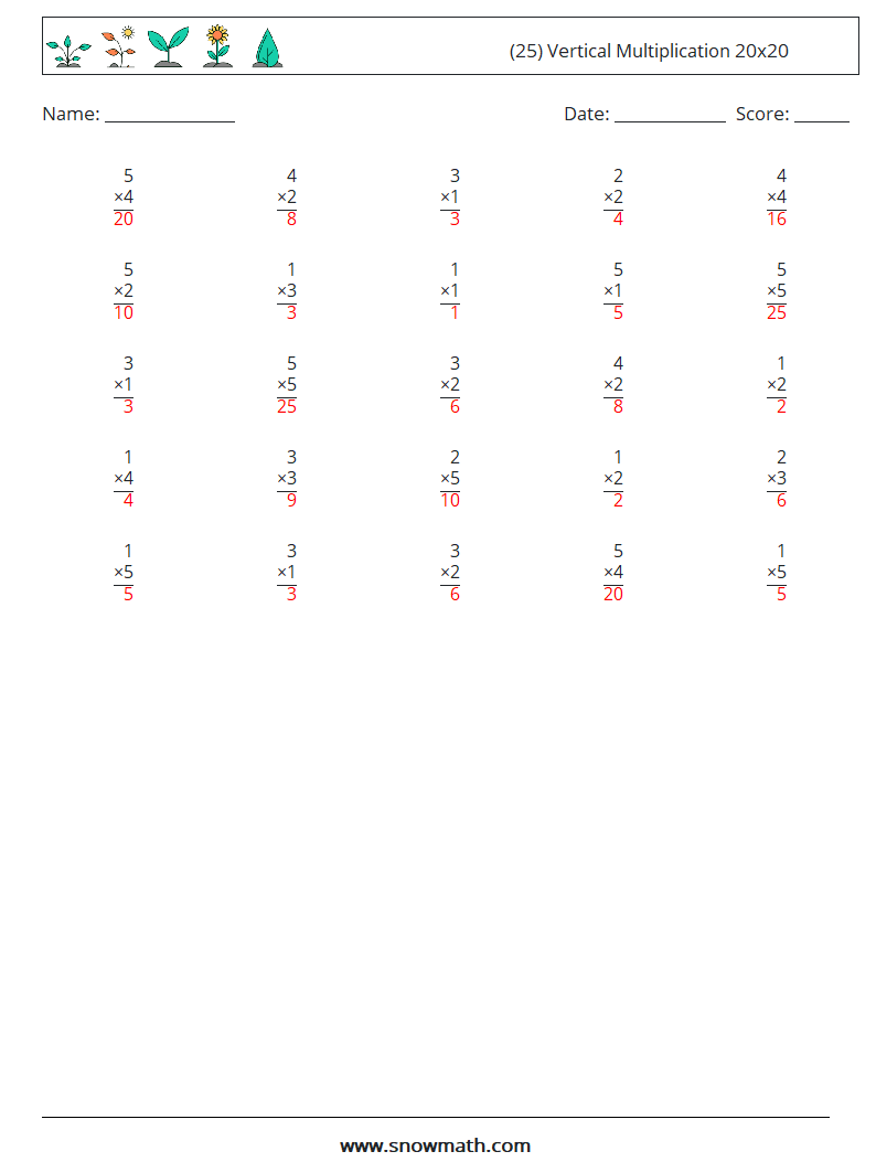 (25) Vertical Multiplication 20x20 Maths Worksheets 6 Question, Answer