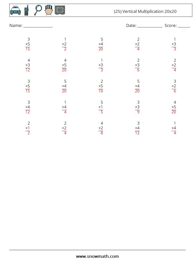 (25) Vertical Multiplication 20x20 Maths Worksheets 7 Question, Answer