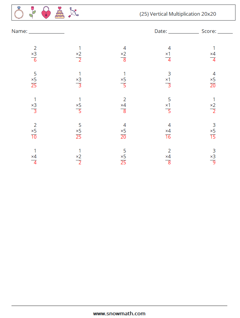 (25) Vertical Multiplication 20x20 Maths Worksheets 8 Question, Answer