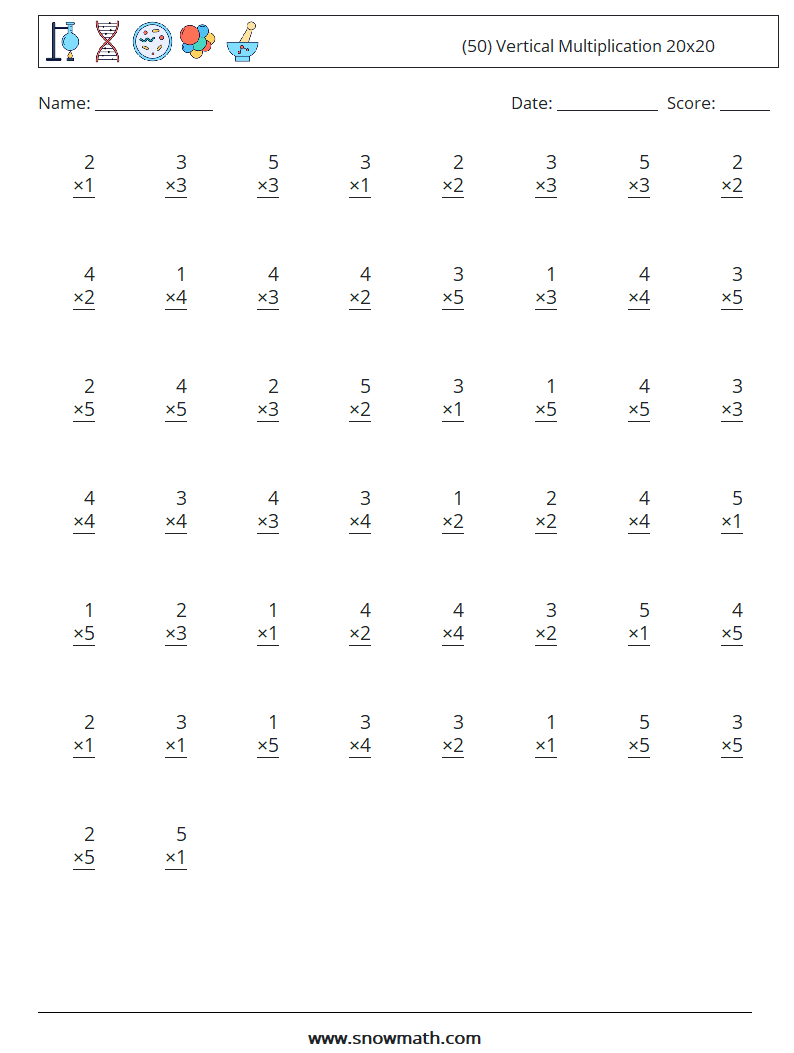 (50) Vertical Multiplication 20x20 Maths Worksheets 10