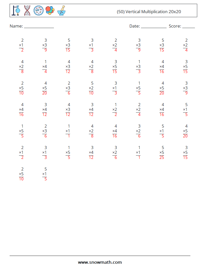 (50) Vertical Multiplication 20x20 Maths Worksheets 10 Question, Answer