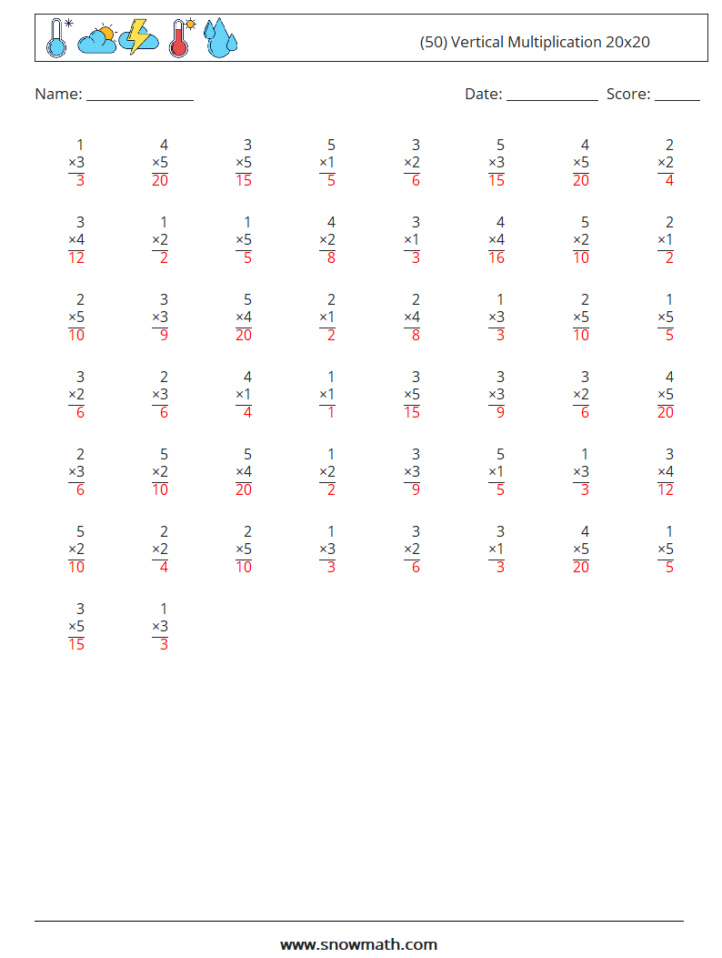 (50) Vertical Multiplication 20x20 Maths Worksheets 12 Question, Answer