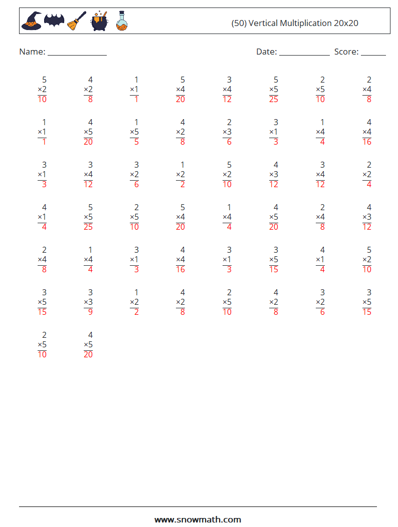 (50) Vertical Multiplication 20x20 Maths Worksheets 13 Question, Answer