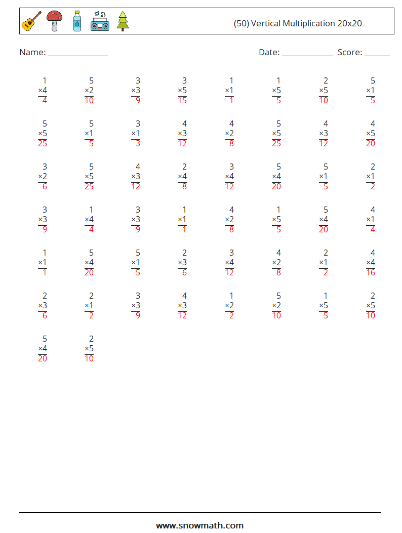 (50) Vertical Multiplication 20x20 Maths Worksheets 14 Question, Answer