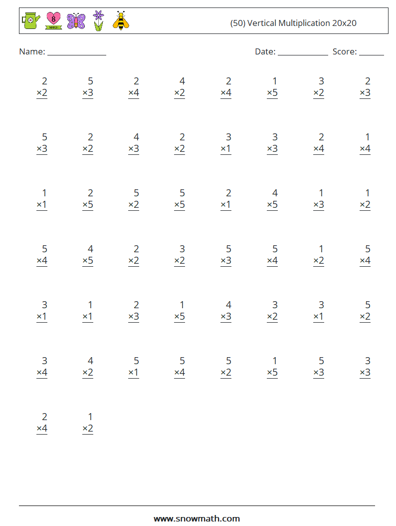 (50) Vertical Multiplication 20x20 Maths Worksheets 16