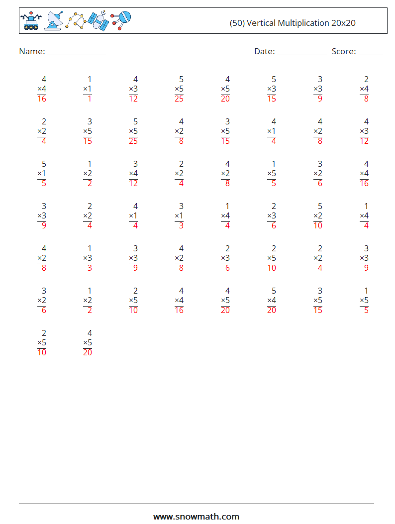 (50) Vertical Multiplication 20x20 Maths Worksheets 1 Question, Answer