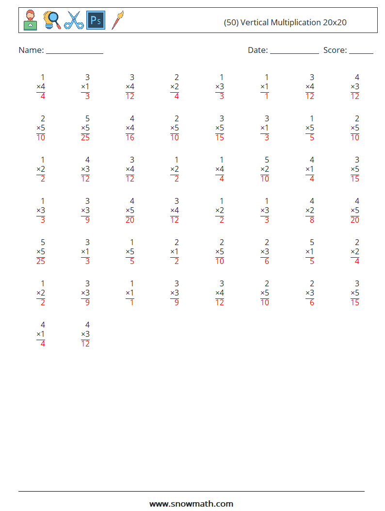 (50) Vertical Multiplication 20x20 Maths Worksheets 2 Question, Answer