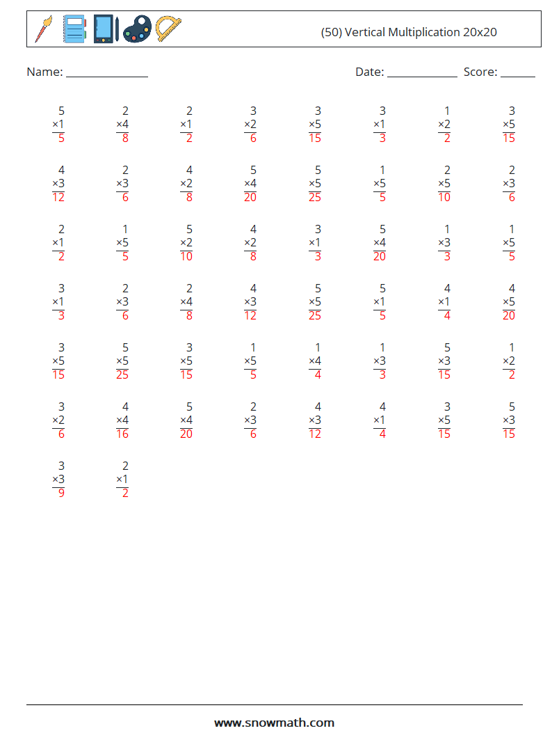 (50) Vertical Multiplication 20x20 Maths Worksheets 3 Question, Answer