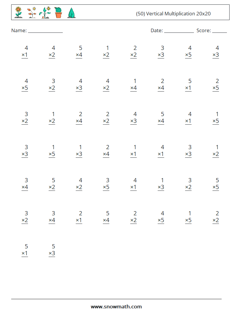 (50) Vertical Multiplication 20x20 Maths Worksheets 5