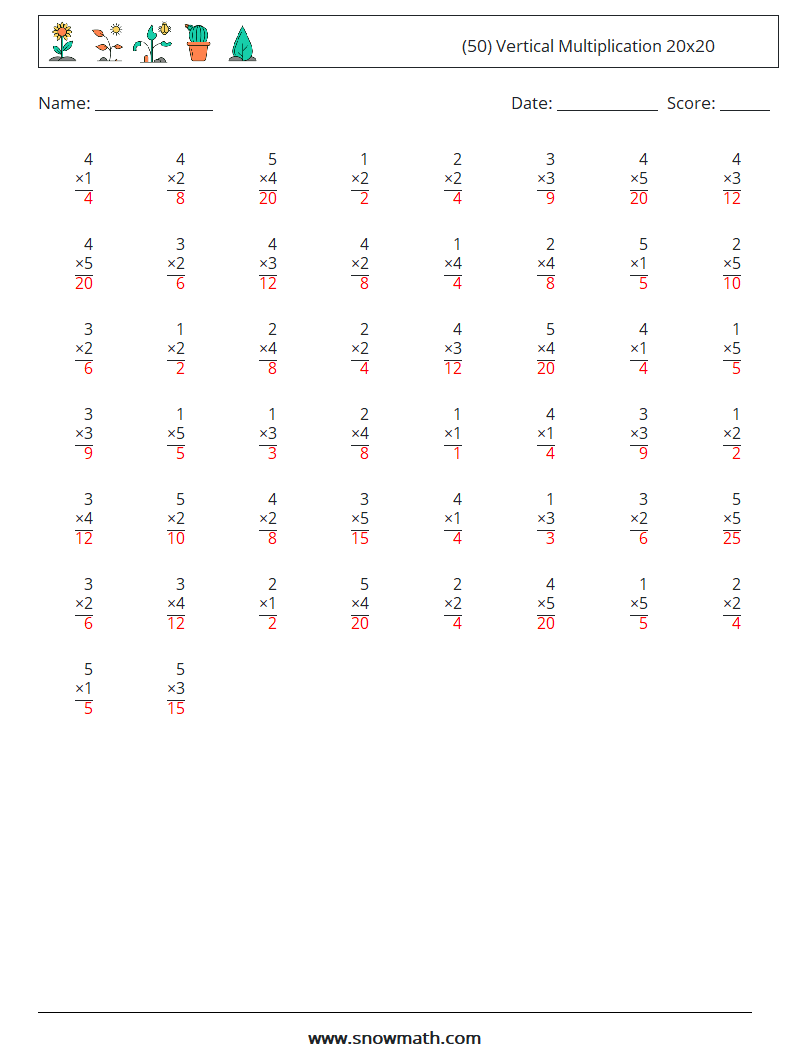 (50) Vertical Multiplication 20x20 Maths Worksheets 5 Question, Answer