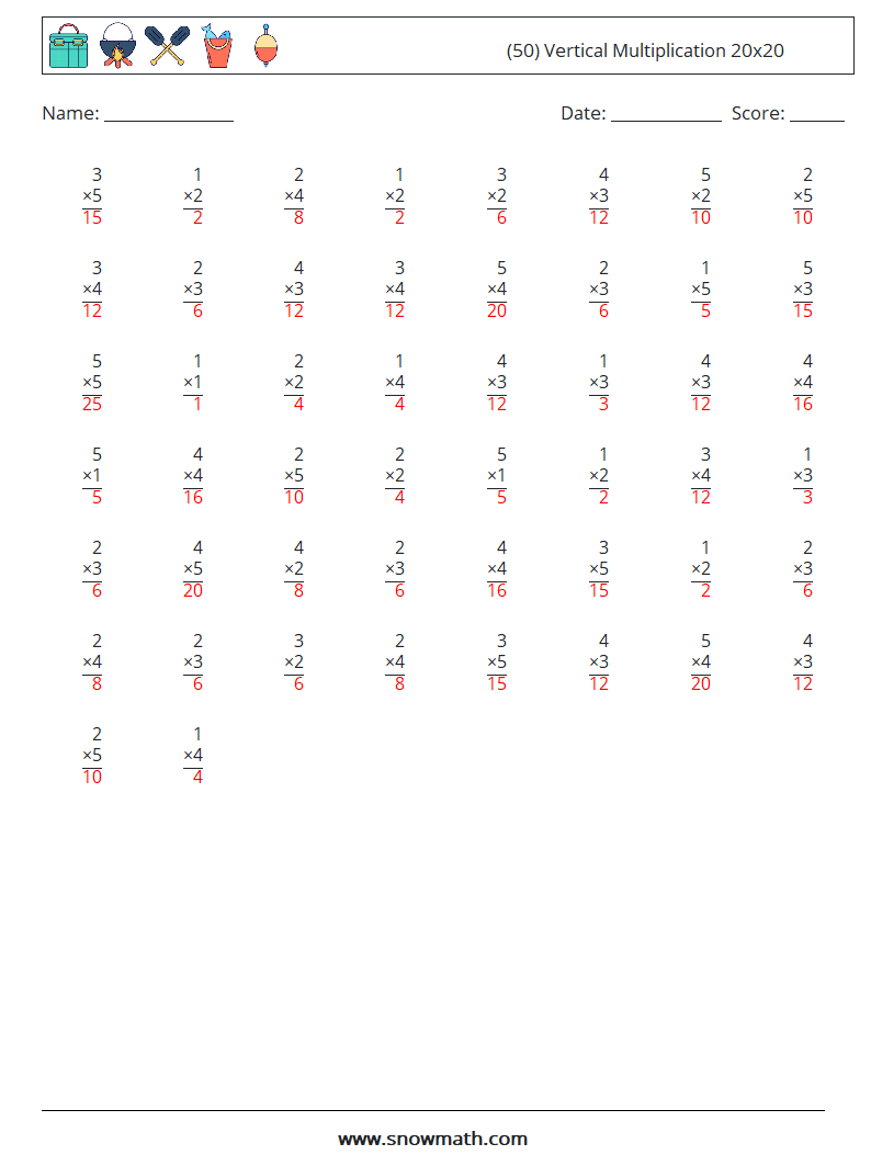 (50) Vertical Multiplication 20x20 Maths Worksheets 7 Question, Answer