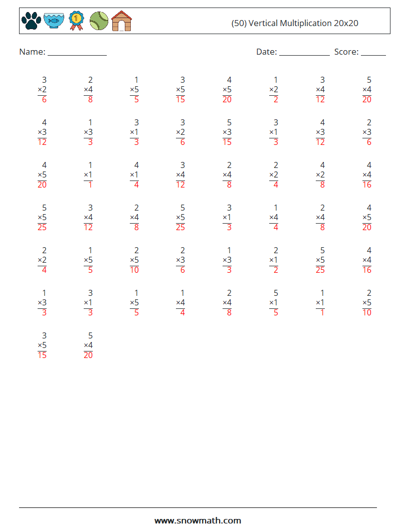 (50) Vertical Multiplication 20x20 Maths Worksheets 9 Question, Answer