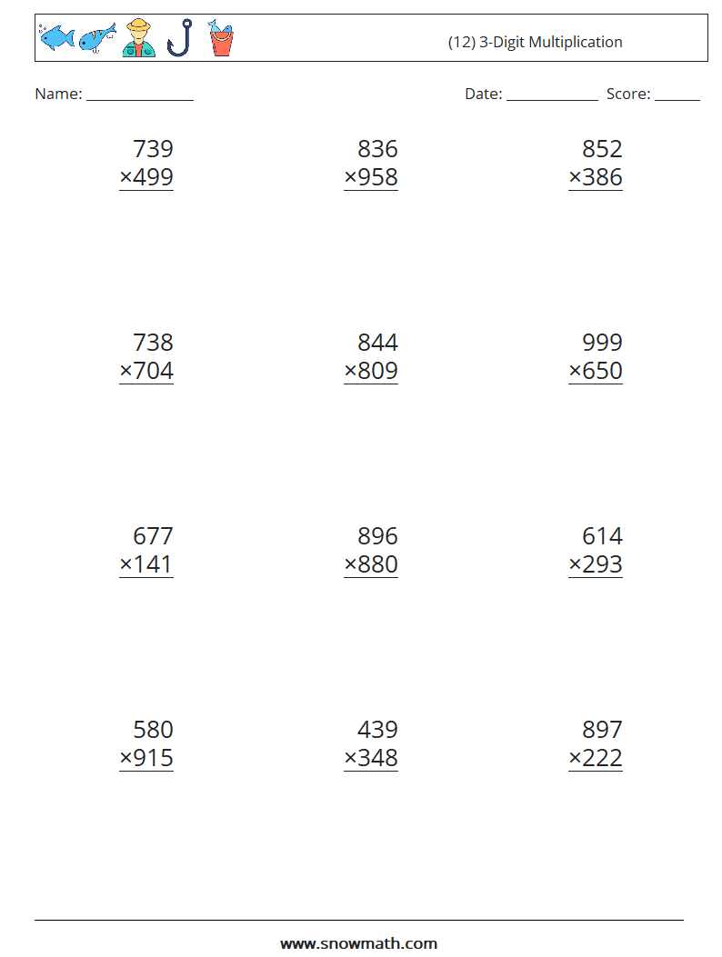 (12) 3-Digit Multiplication Maths Worksheets 10