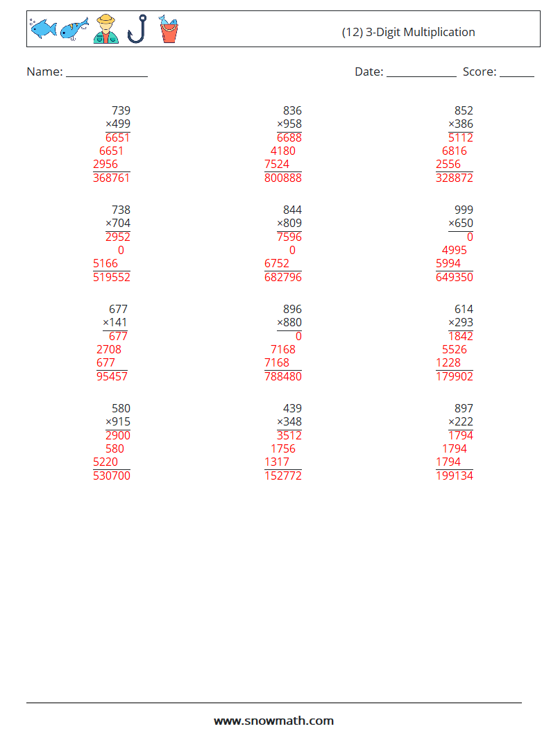 (12) 3-Digit Multiplication Maths Worksheets 10 Question, Answer