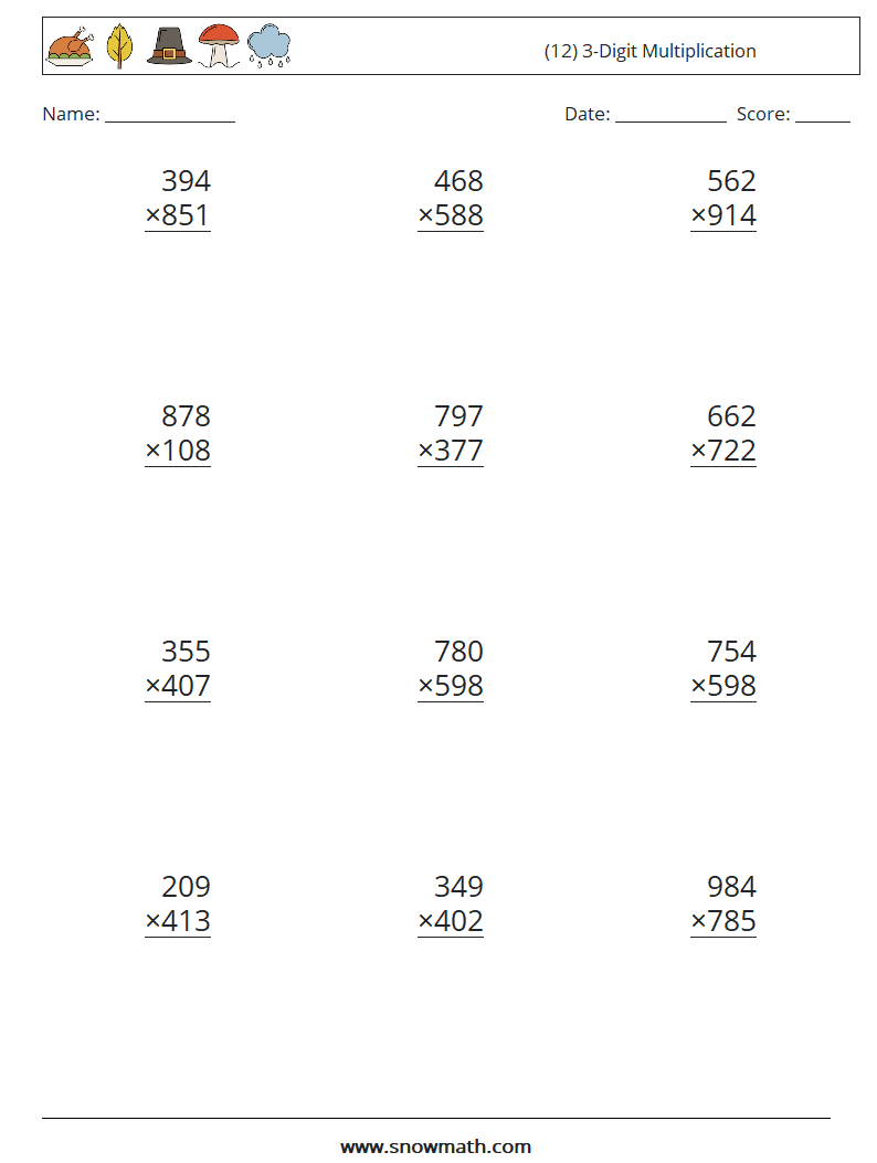 (12) 3-Digit Multiplication Maths Worksheets 11