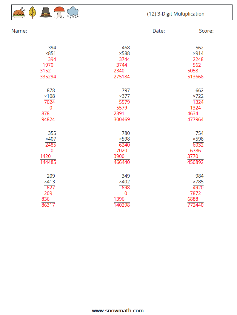 (12) 3-Digit Multiplication Maths Worksheets 11 Question, Answer