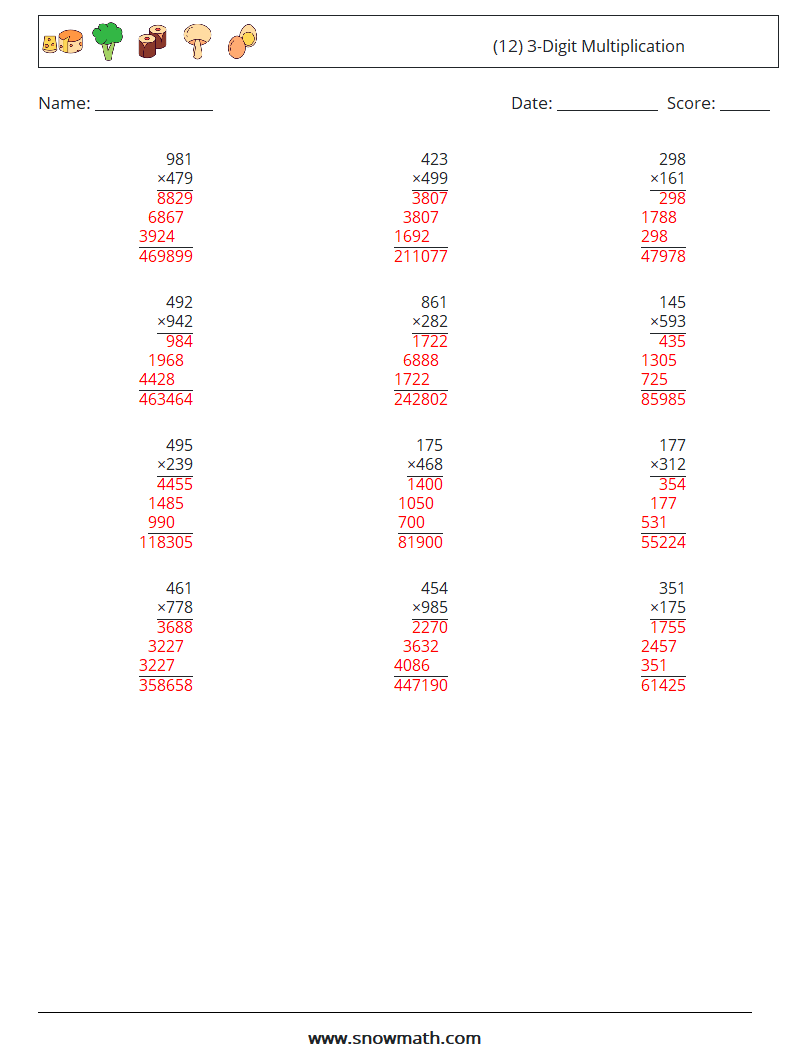 (12) 3-Digit Multiplication Maths Worksheets 12 Question, Answer